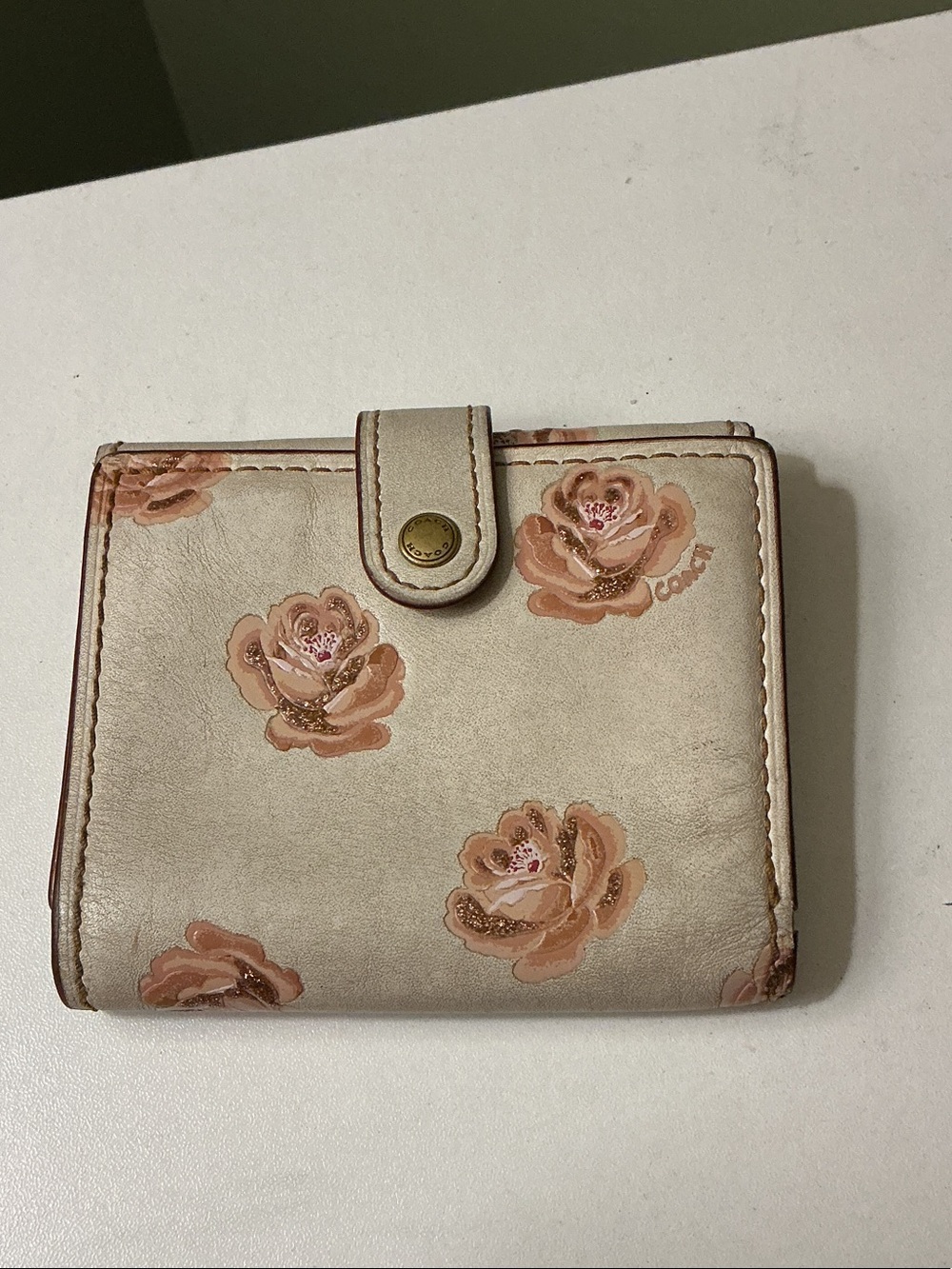 Coach Cream Blush Floral Leather Snap Wallet Glove Tanned Leather